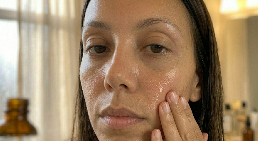 Woman applying the best drugstore glass skin serum by pressing it into her cheek with her fingertips, skin visibly dewy and freshly hydrated, dark brown hair down, warm bathroom lighting with skincare bottles blurred in the background.
