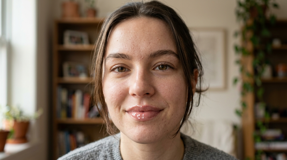 Young woman with glossy lipstick for hooded lips smiling naturally in a bright indoor setting